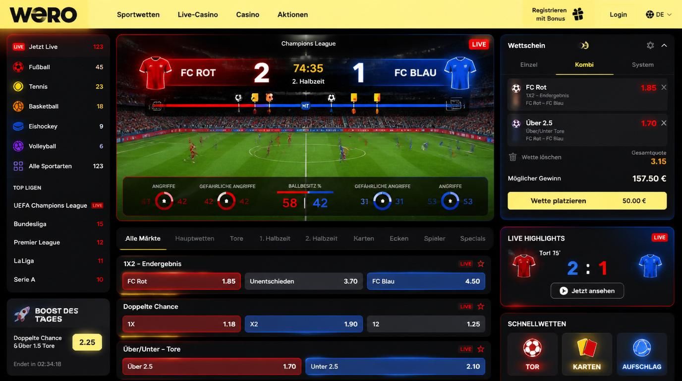 Live-Wetten Interface mit Quotenanzeige, Tor-Ikone und dynamischem Matchbild